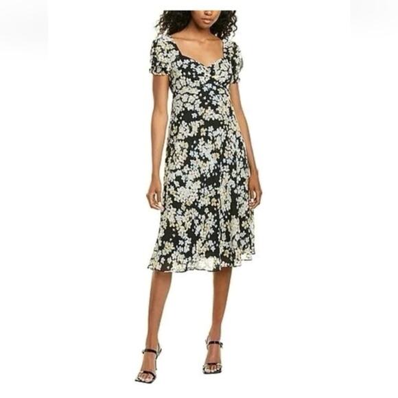 Adrianna Papell Dresses & Skirts - Adrianna Papell Black Floral Midi Dress Romantic Cottagecore Puff Sleeve Size 2